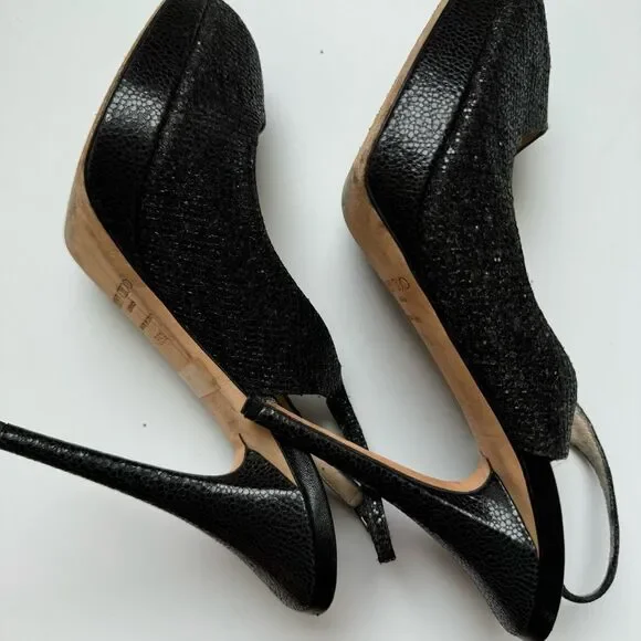 Jimmy Choo Black Nova Party Glitter Slingback Peep Toe Pump Holiday size 9 39.5